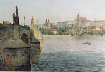 Utsikt över Karlsbron från Krizovnicka Namesti, från Stara Praha (Gamla Prag) omkring 1900
